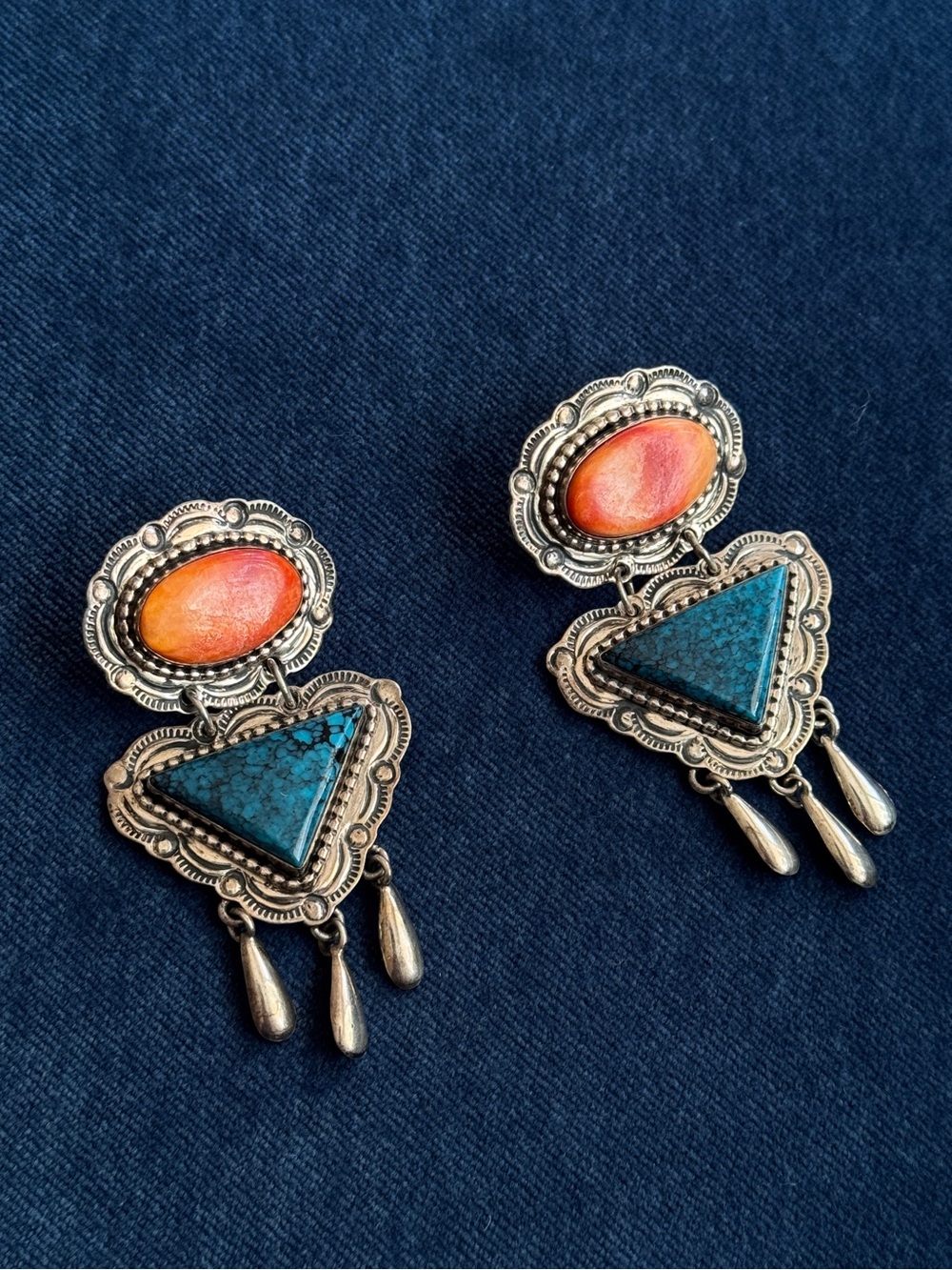 Stunning Vintage 925 Sterling Silver Turquoise Spiny Oyster Dangle Earrings